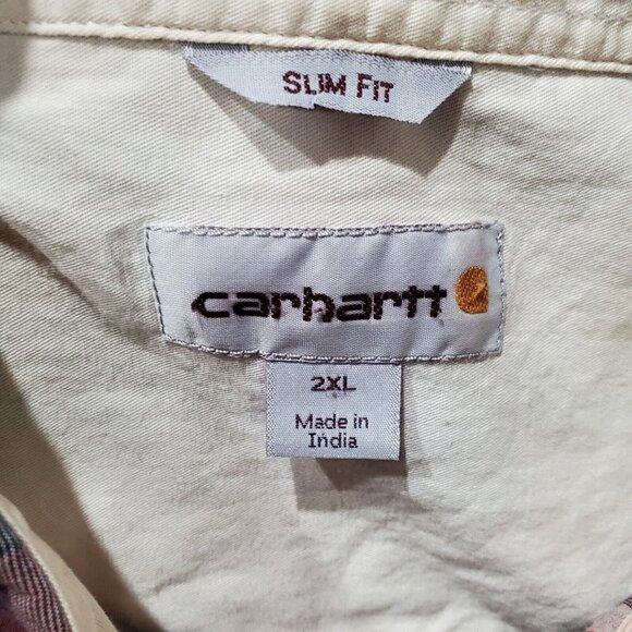 Carhartt Men's Cotton Button Down Plaid Shirt Red Size 2XL Slim Fit Long… - Picture 5 of 9